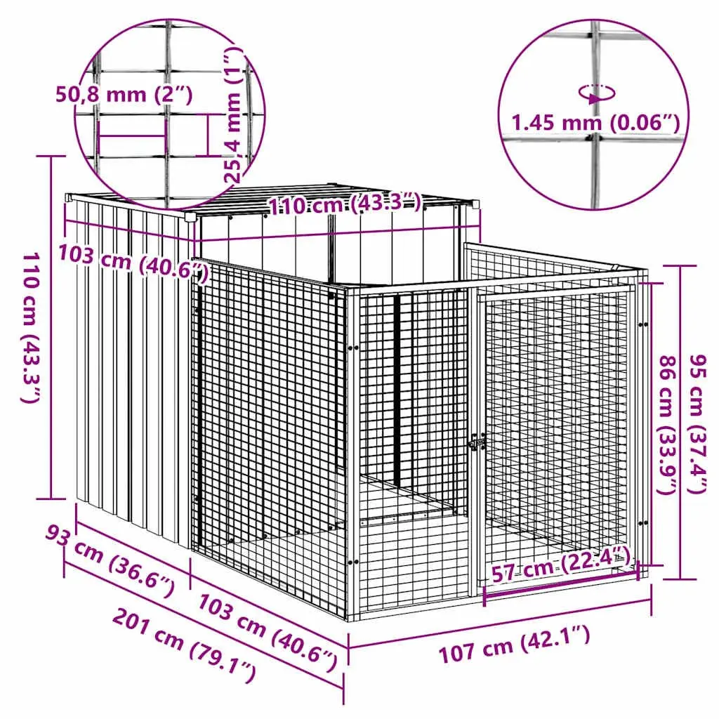 Dog House with Run Grey Galvanised Steel Enclosure Cage