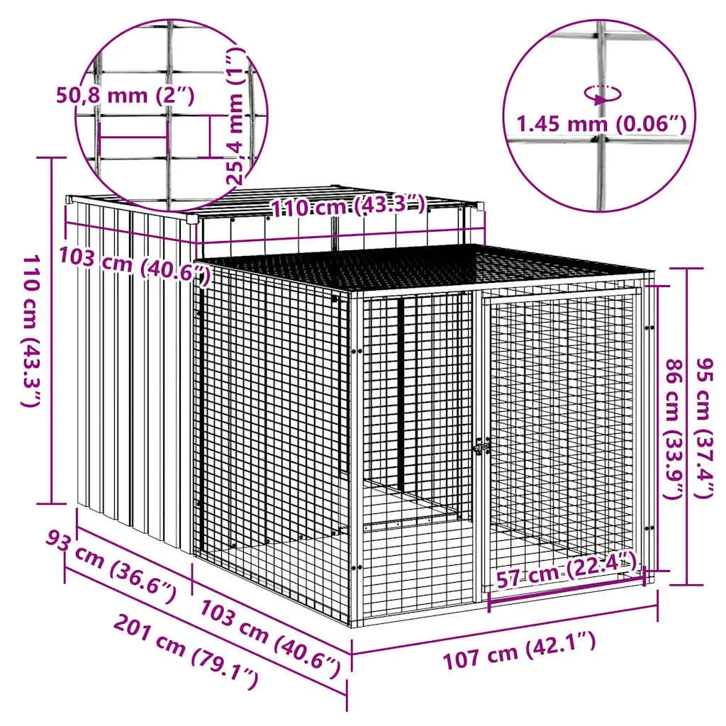 Chicken Cage Anthracite 110x201x110cm Galvanised Steel with Run for Small Animals