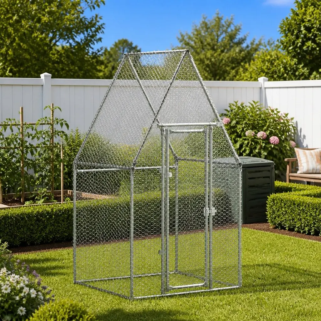 Chicken Cage Silver 100x100x190 cm Galvanised Steel Walk In Hen Run Poultry Pen