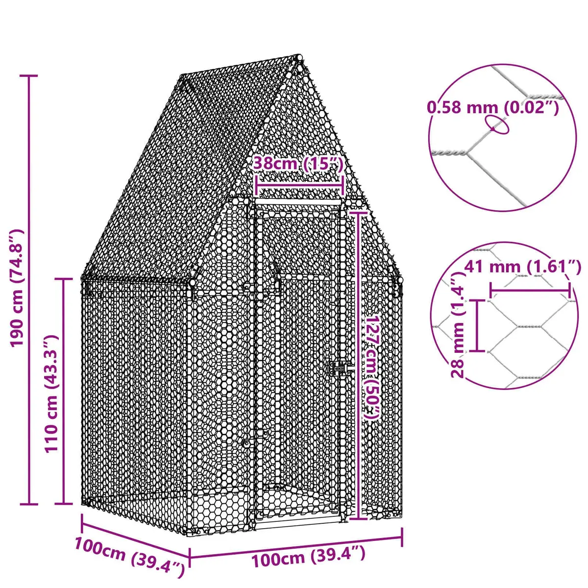 Chicken Cage Silver 100x100x190 cm Galvanised Steel Walk In Hen Run Poultry Pen