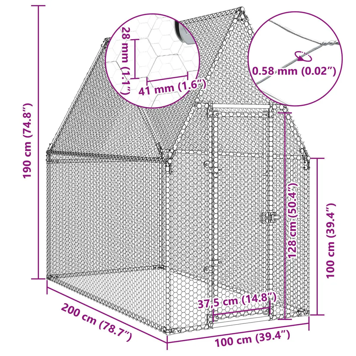 Chicken Cage Silver 200x100x190 cm Galvanised Steel Walk In Coop Hen House Run