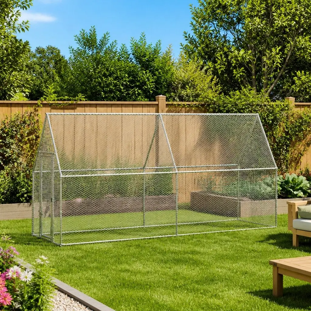 Chicken Cage Silver Galvanised Steel Outdoor Enclosure Spacious Habitat