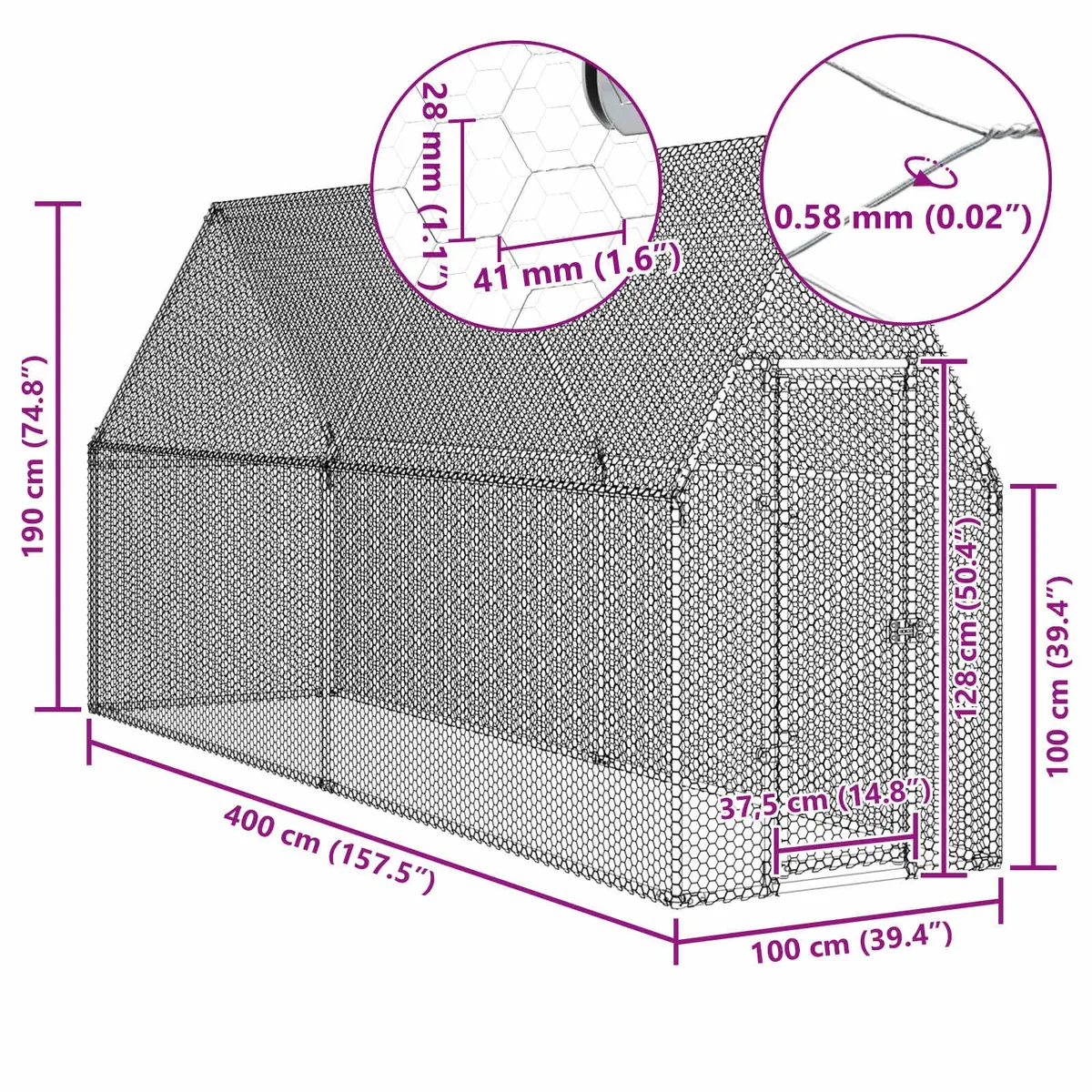 Chicken Cage Silver Galvanised Steel Outdoor Enclosure Spacious Habitat