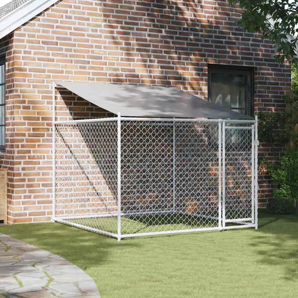 Dog Kennel Grey 2x2m Galvanised Steel Outdoor Enclosure with Roof and Door
