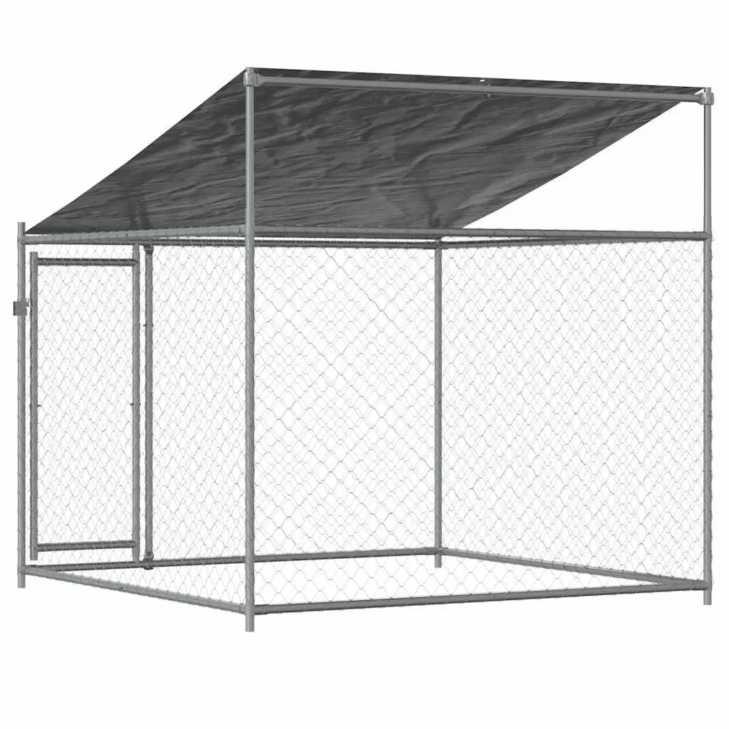 Dog Kennel Grey 2x2m Galvanised Steel Outdoor Enclosure with Roof and Door