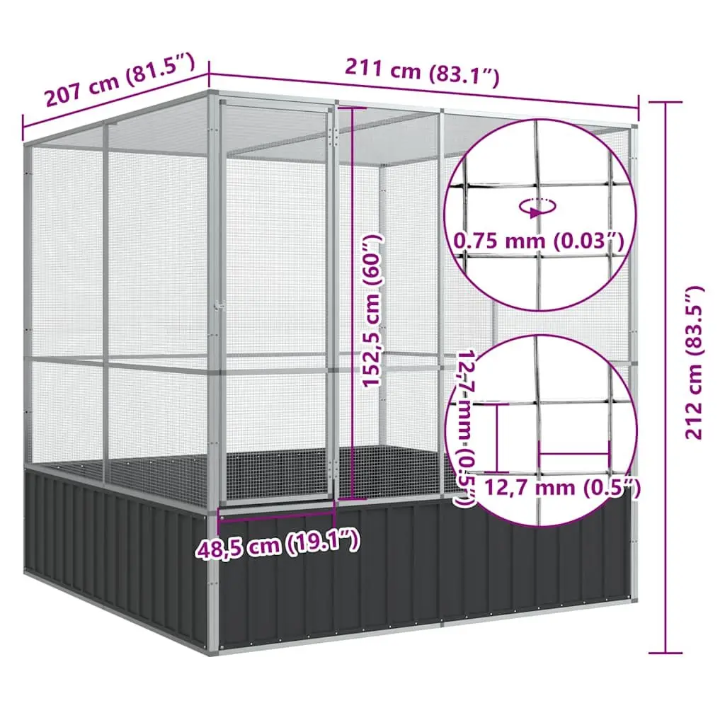Bird Aviary Silver Large Galvanised Steel Cage Outdoor Indoor 211x207x212cm