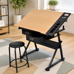 Adjustable Drawing Table with Tiltable Top and Storage Solutions