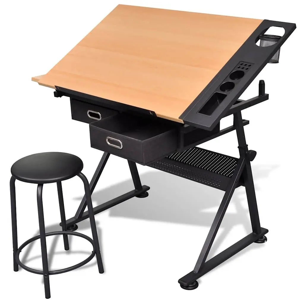 Drafting Table Brown Adjustable Height Tiltable Tabletop Double Work Surface