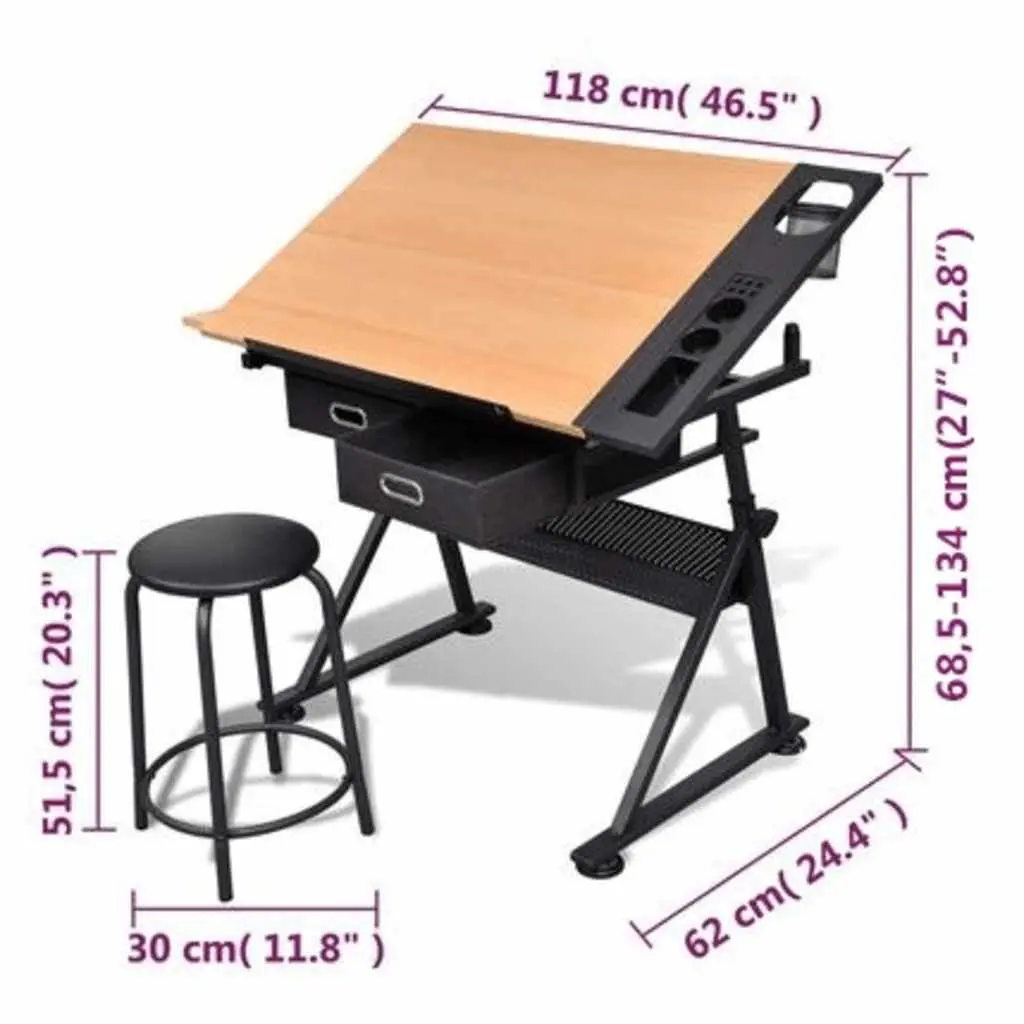 Drafting Table Brown Adjustable Height Tiltable Tabletop Double Work Surface