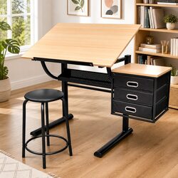 Art Drafting Table with Three Drawers Tiltable Tabletop Brown Workspace Stool