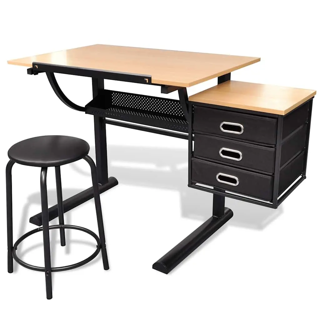 Drawing Desk Brown Tiltable Tabletop with Three Drawers and Stool