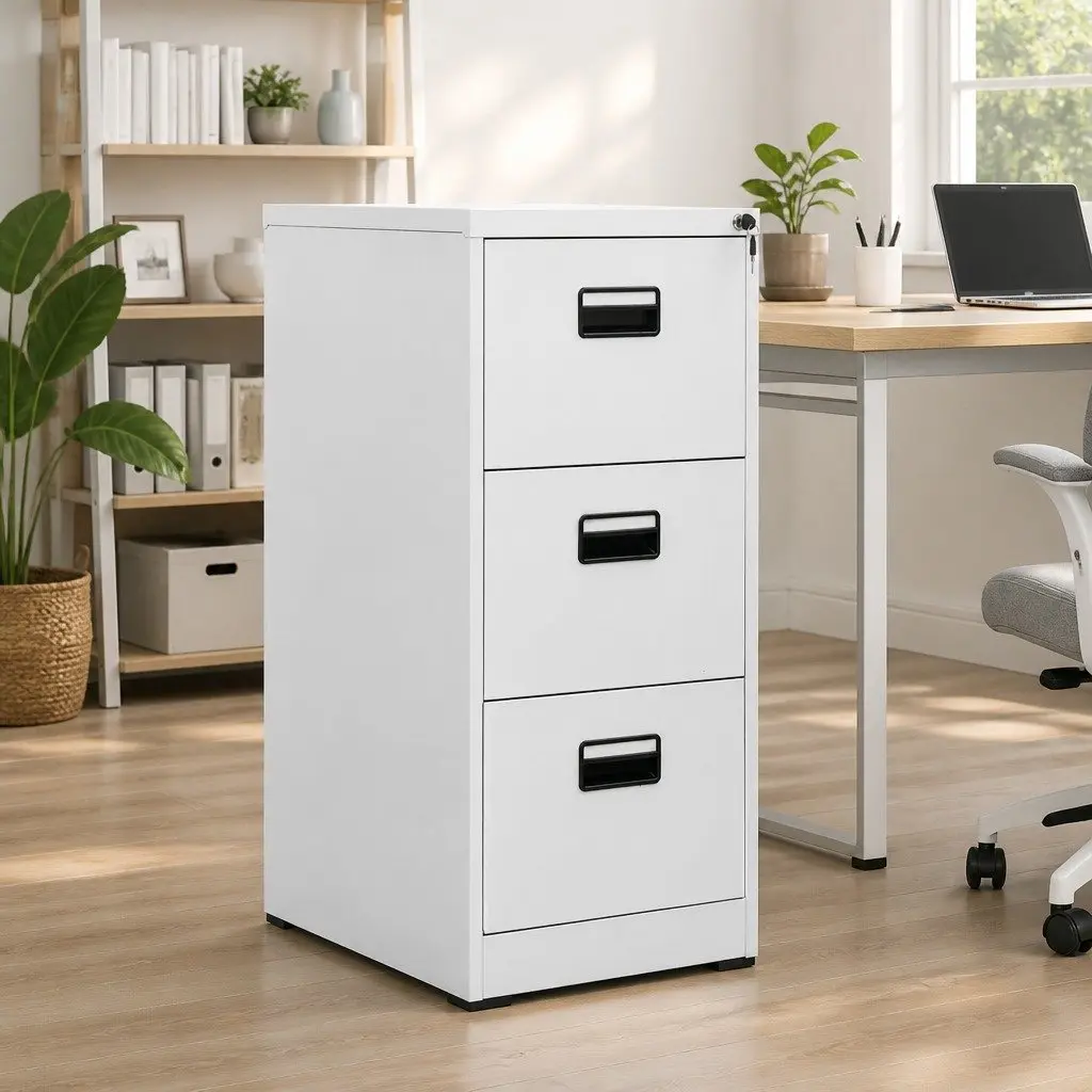 Filing Cabinet Grey Steel 3 Drawer Organiser with Lock for Office Home Storage