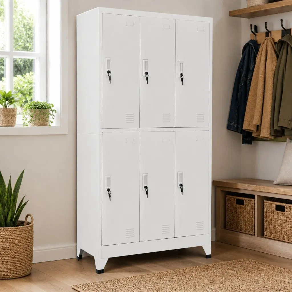 Locker Cabinet Grey Steel 6 Compartments Hanger Bar