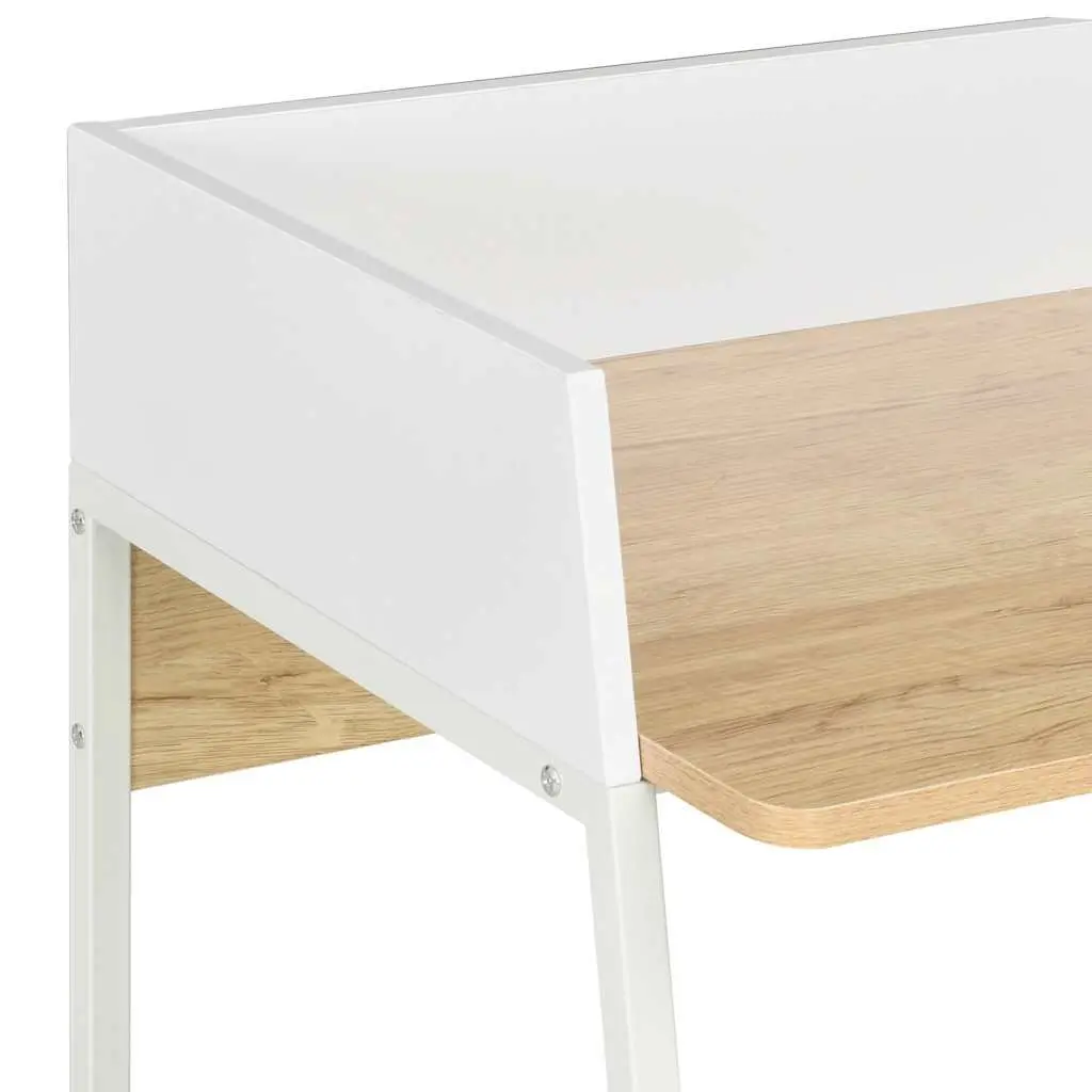 Office Desk White Oak Compact Workstation Elevated Back Side Board