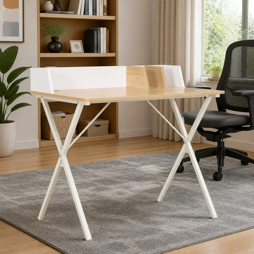 Office Desk White Natural Wood Compact Workstation with Elevated Back and Side Board