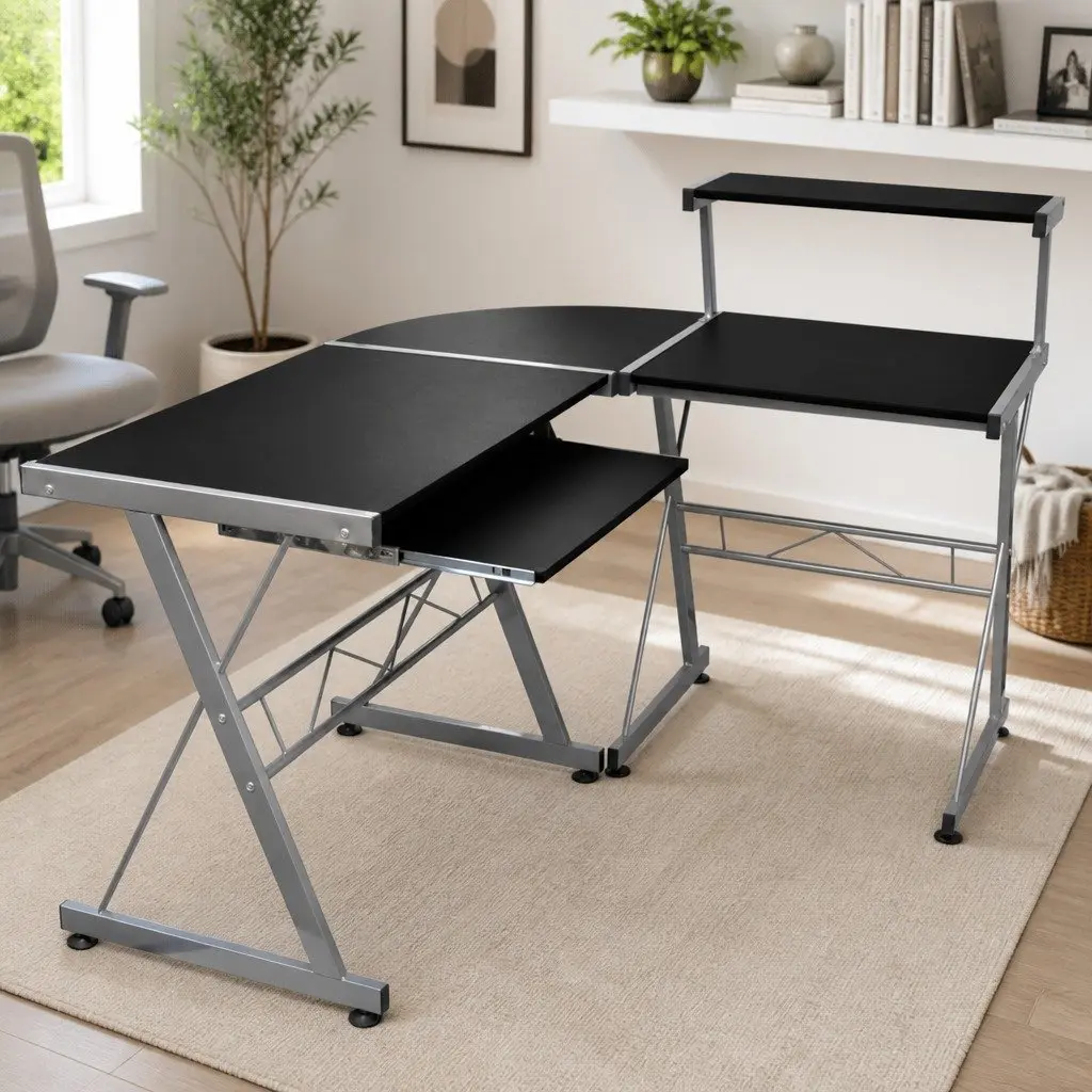 L-Shaped Corner Computer Desk Black with Sliding Keyboard Tray and Top Shelf