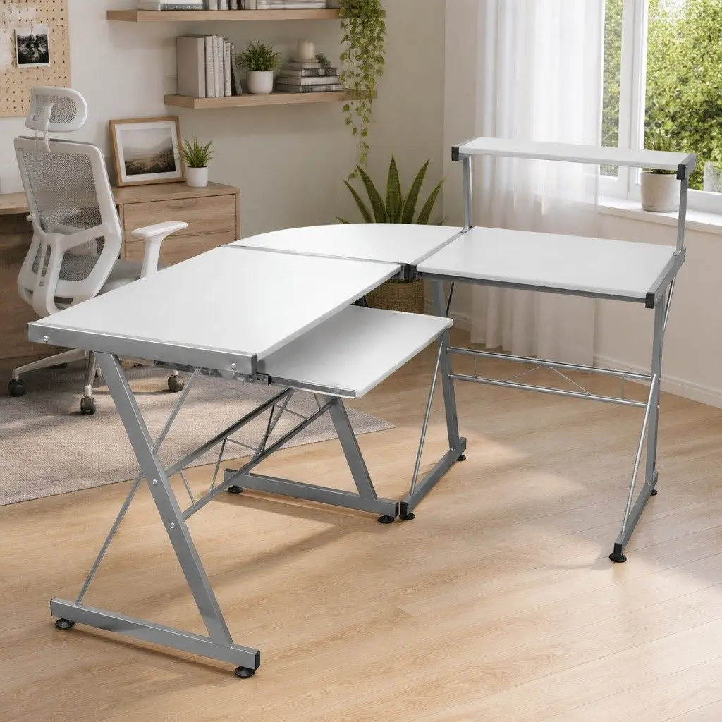 L-Shaped Corner Computer Desk White Engineered Wood Sliding Keyboard Tray Top Shelf