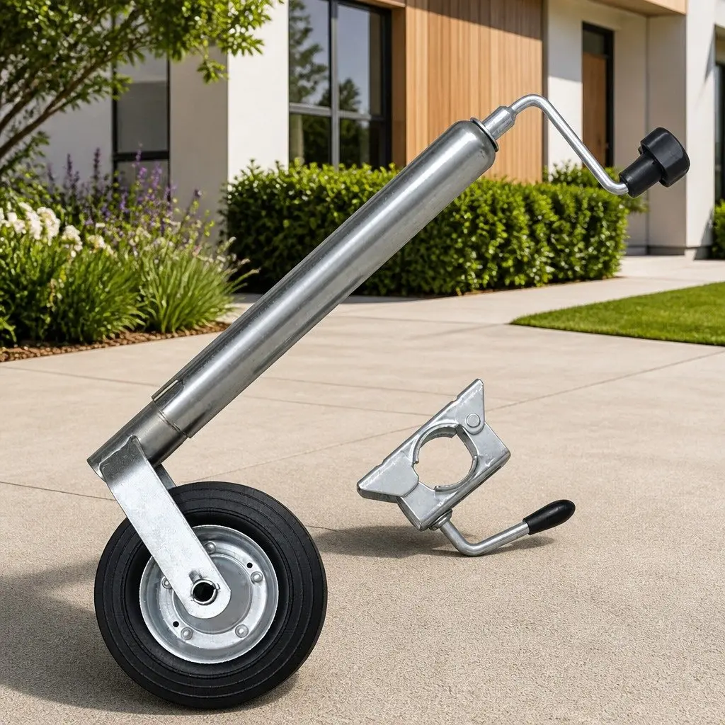 Jockey Wheel Silver 48mm Adjustable Height 53cm to 75cm 200mm Solid Rubber Wheel