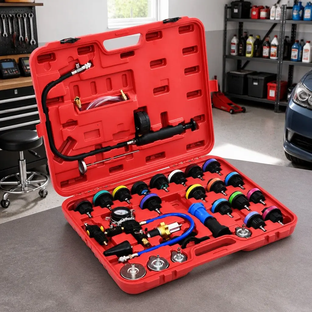Cooling System Pressure Tester Kit Silver 28 Piece Radiator Cap Adapter Hand Tool Set