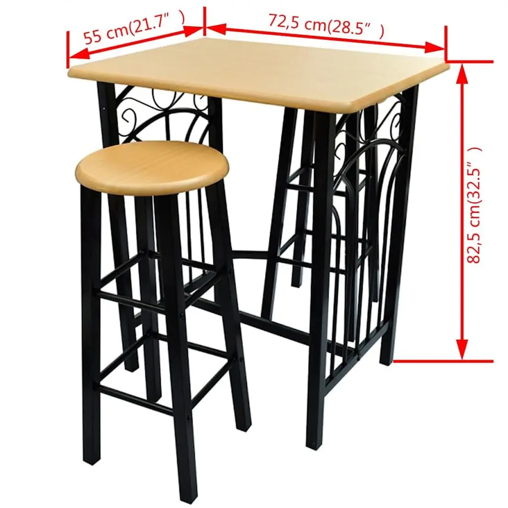 Breakfast Dining Set Black Rectangular Table with 2 High Stools Space Saving