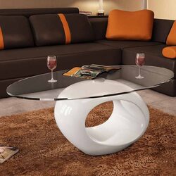 Oval Coffee Table Glass Top High Gloss White Modern Living Room Accent Furniture