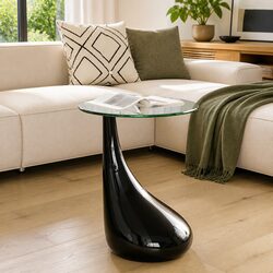 Coffee Table Round Glass Top High Gloss Black Water Drop Base Living Room