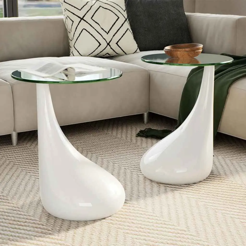 Coffee Table Set White Round Tempered Glass Top High Gloss Water-Drop Base
