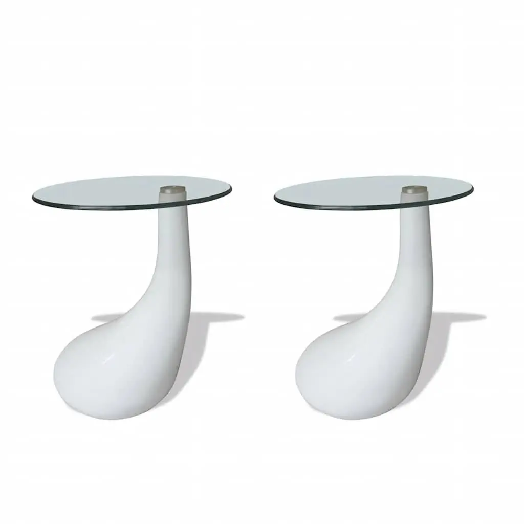 Coffee Table Set White Round Tempered Glass Top High Gloss Water-Drop Base