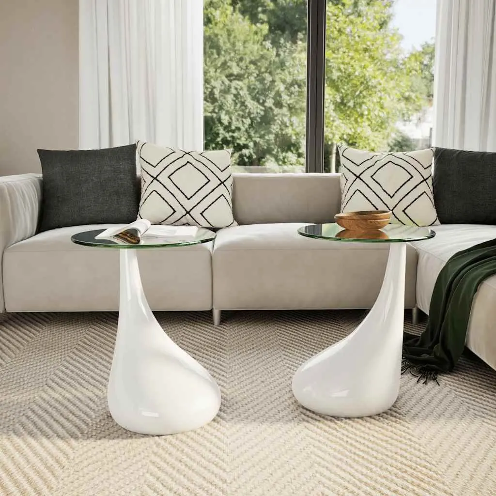 Coffee Table Set White Round Tempered Glass Top High Gloss Water-Drop Base