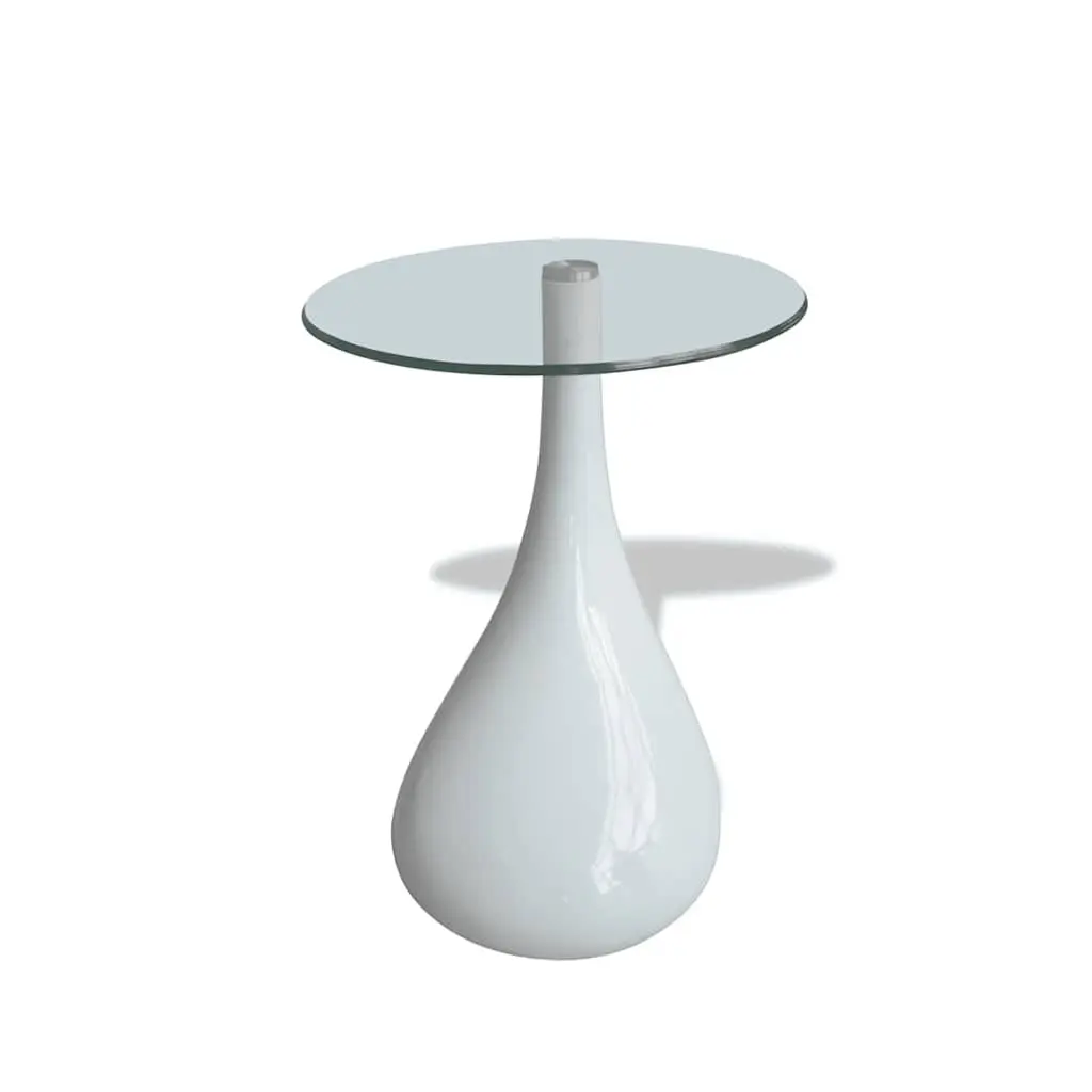 Coffee Table Set White Round Tempered Glass Top High Gloss Water-Drop Base