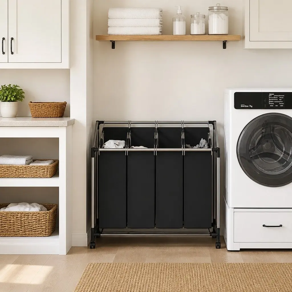 Laundry Sorter Black Grey 4 Bags Rolling Cart Trolley Hamper