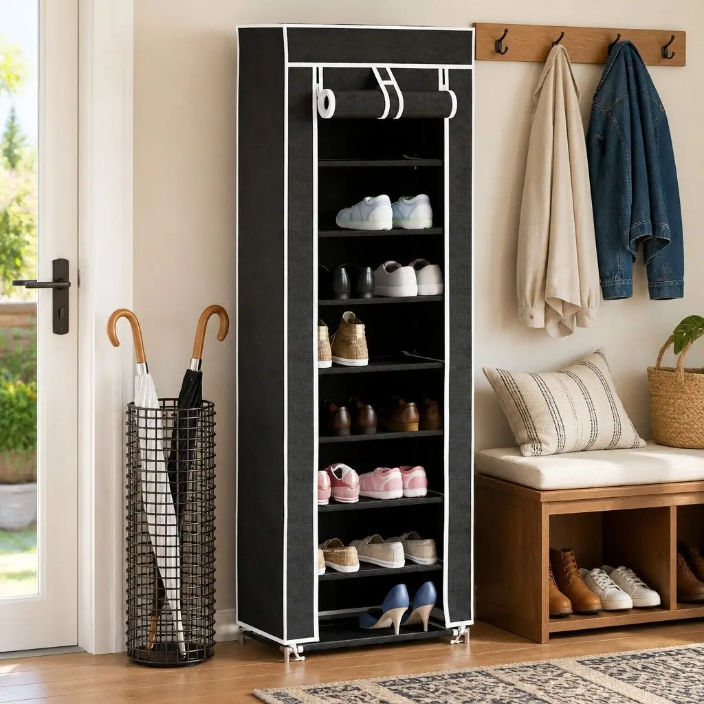 Shoe Cabinet Black 8 Tier Fabric Storage Organiser with Dust Cover