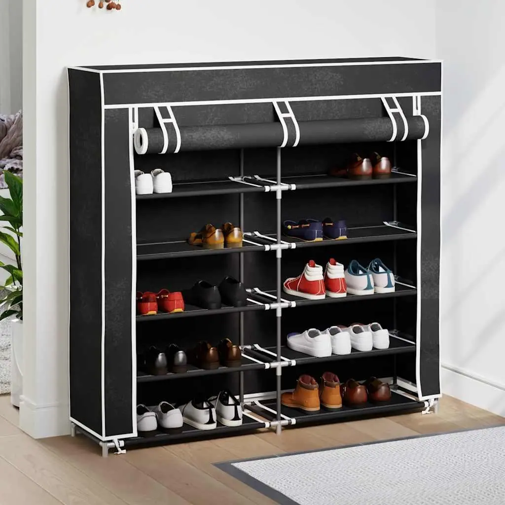 Fabric Shoe Cabinet Black 115cm Double 5-Tier Storage Organiser