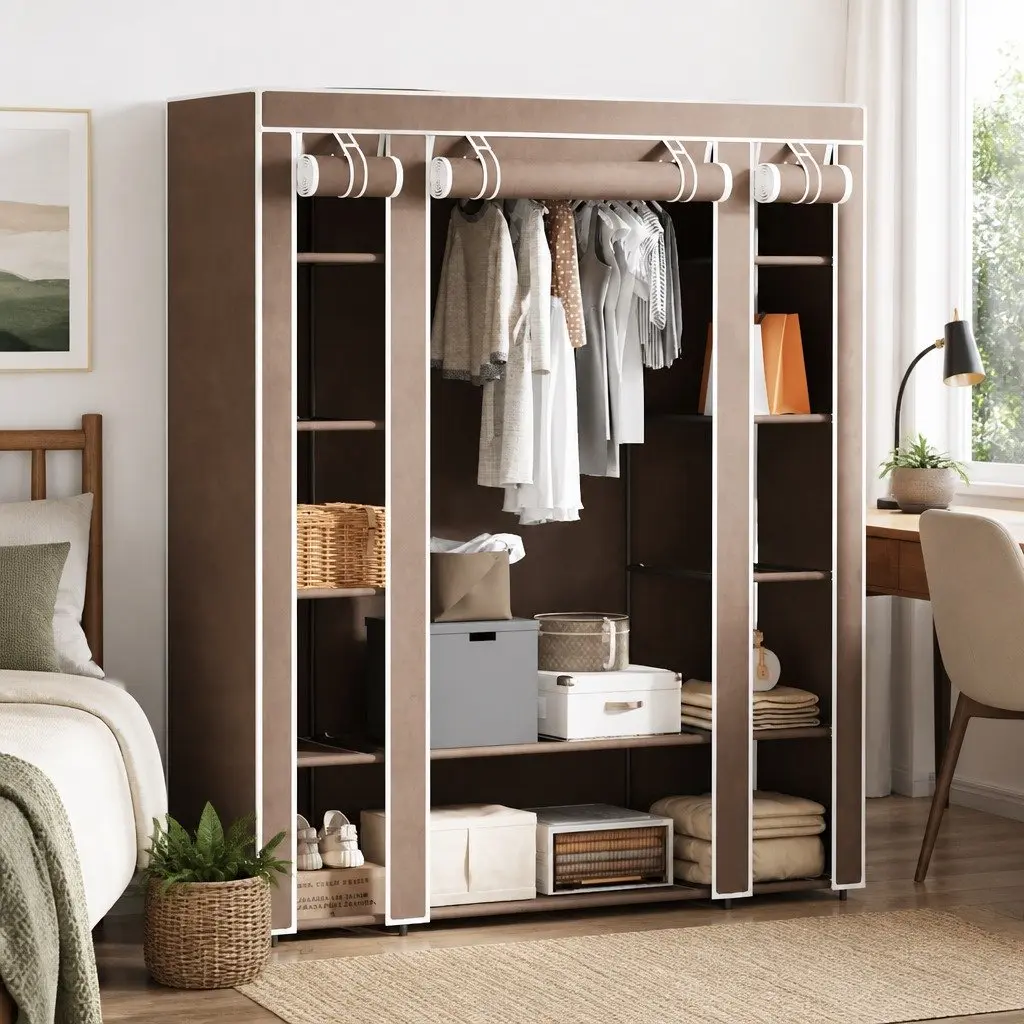 Portable Wardrobe Cabinet Brown Fabric Multiple Compartments Hanging Rods