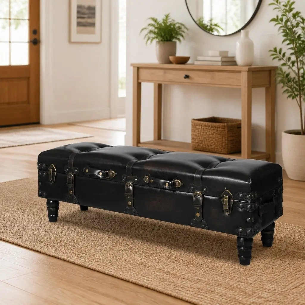 Brown Faux Leather Long Storage Bench