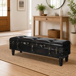 Compact Brown Faux Leather Long Storage Bench