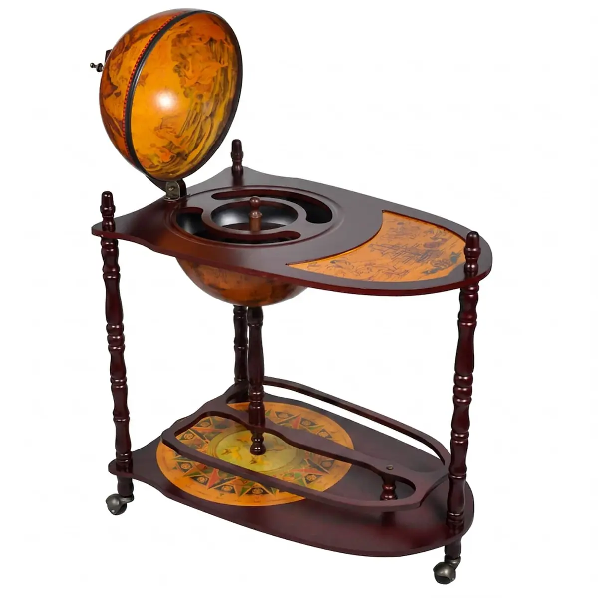 Globe Bar Cabinet Brown Wooden Freestanding with Table and Wheels