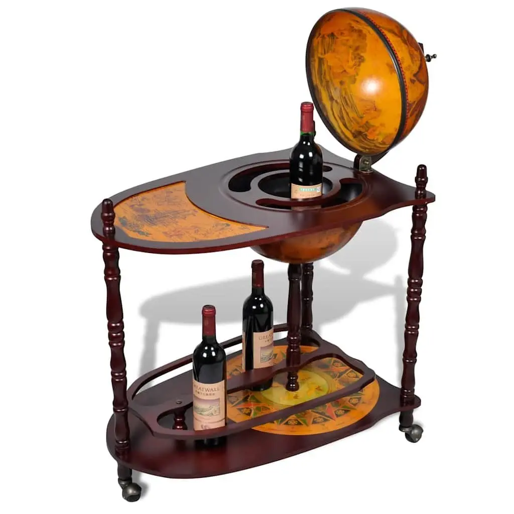 Globe Bar Cabinet Brown Wooden Freestanding with Table and Wheels