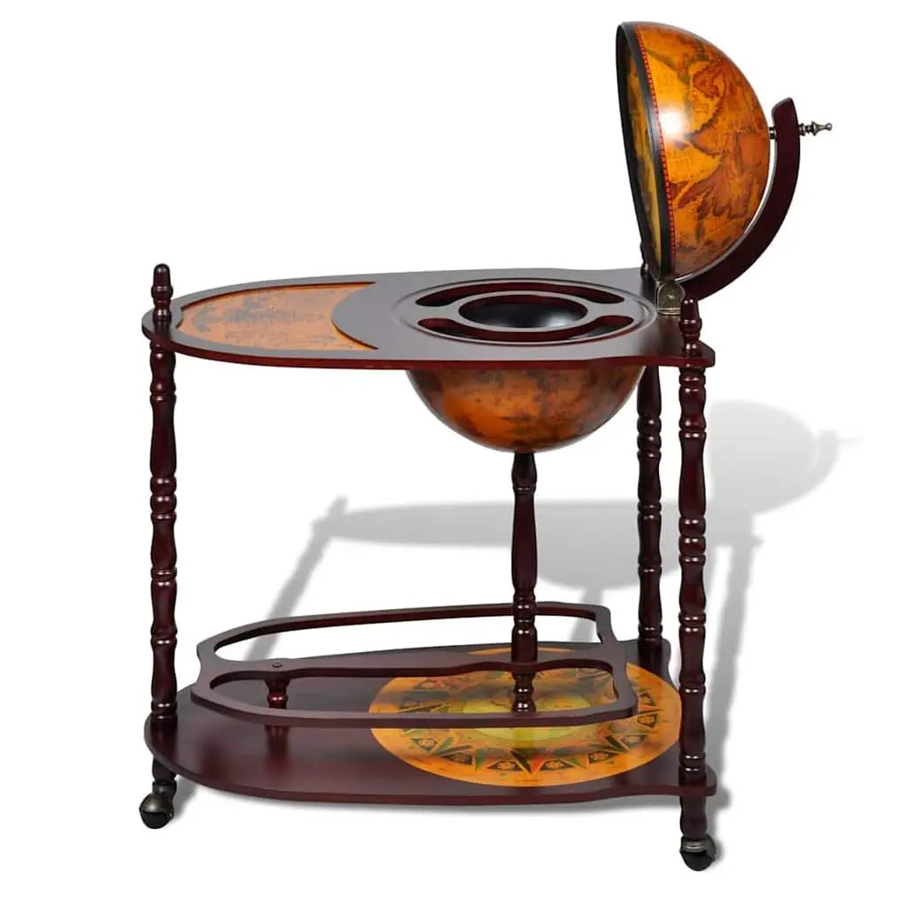 Globe Bar Cabinet Brown Wooden Freestanding with Table and Wheels