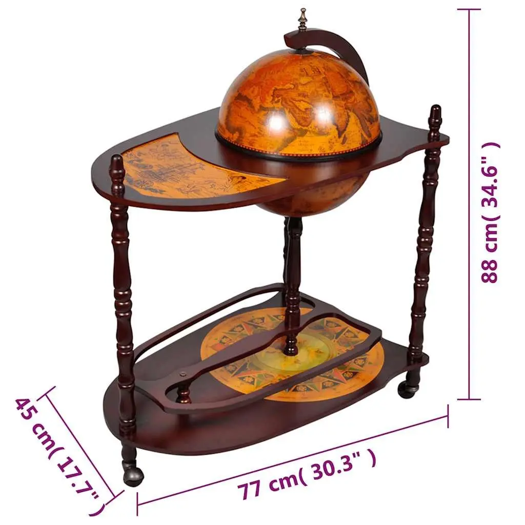 Globe Bar Cabinet Brown Wooden Freestanding with Table and Wheels