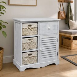 Compact White Wooden Cabinet with Weaving Baskets