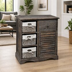 Wooden Storage Cabinet with 3 Weaving Baskets Brown Furniture for Living Room