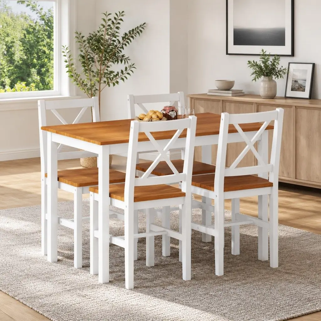 5 Piece Dining Set Brown White Solid Wood Table and Chairs