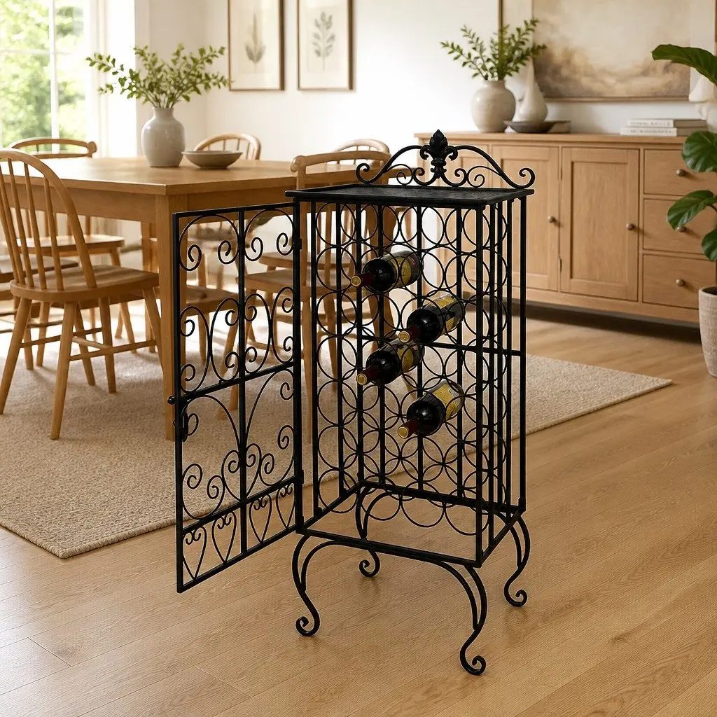 Floor Standing Wine Rack Black Metal 28 Bottles Side Lock Door Storage