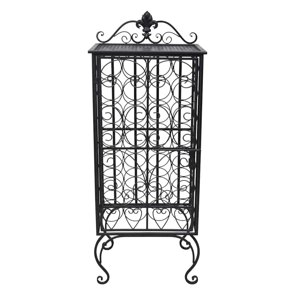 Floor Standing Wine Rack Black Metal 28 Bottles Side Lock Door Storage
