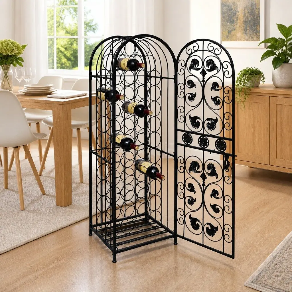 Wine Rack Black Floor Standing 45 Bottle Storage Cabinet with Side Lock Door