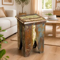 Wooden Stool Reclaimed Wood Antique Style Vintage Furniture Seating Compact