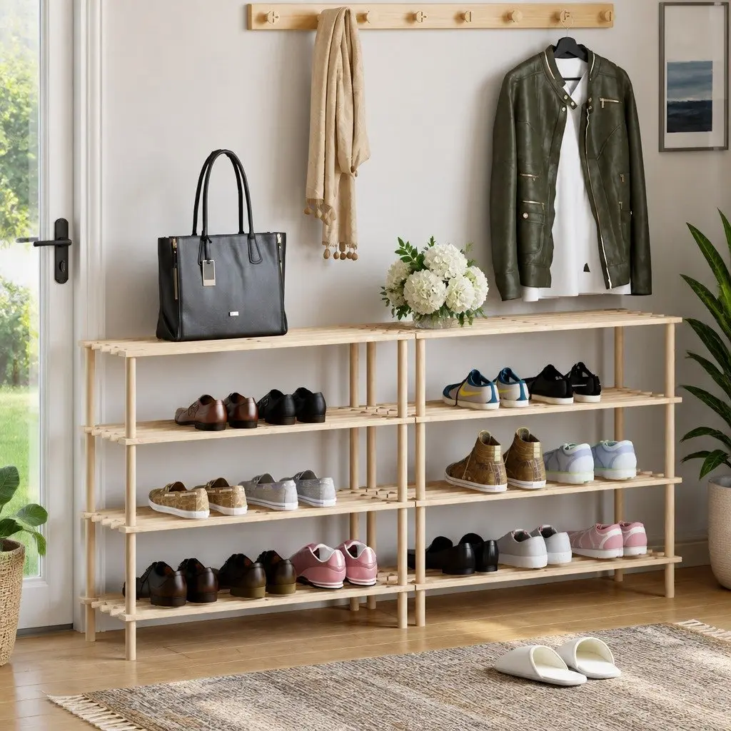 Wooden Shoe Rack Beige 4-Tier Storage Organiser Durable Solid Fir Wood Construction