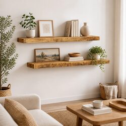 Set of 2 Solid Wood Wall Shelves, Brown