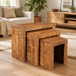 Nesting Table Set: 3 Pieces of Solid Brown Wood